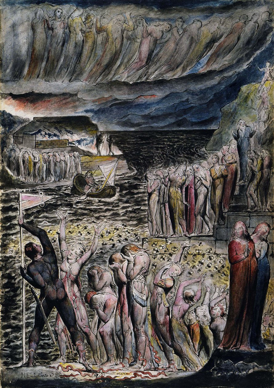 Vestibylen med helvete og sjeler som mønstrer for å krysse Acheron av William Blake