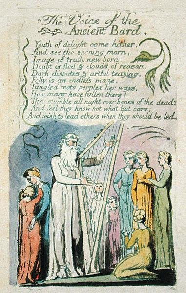 The Voice of the Ancient Bard, fra Songs of Innocence, 1789 (håndfarget relieff-etsing med wc på papir) av William Blake