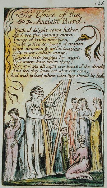 The Voice of the Ancient Bard, illustrasjon fra Songs of Innocence and of Experience, (Bentley Copy L) pl.25 (Bentley 54) 1789-94 (relieff-etsing med penn og wc på papir) av William Blake