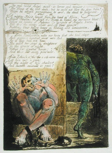 The red limmbd Angel..., plate 15 fra Europa. A Prophecy, 1794 (relieff-etsing trykt i mørkebrunt med wc og olje på papir) av William Blake