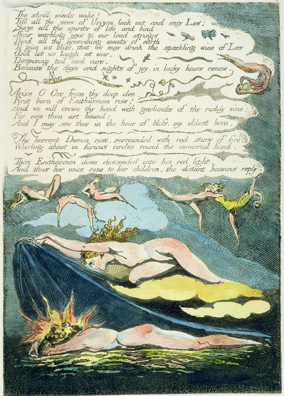 'De skingrende vindene våkner...', plate 5 fra 'Europa. A Prophecy', 1794 (relieffetsing med olje og wc) av William Blake