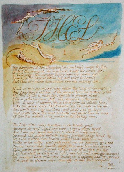 Thel I The Daughters of Mne Seraphim..., plate 3 fra The Book of Thel, 1789 (relieff-etsing trykt i brunt med wc på papir) av William Blake