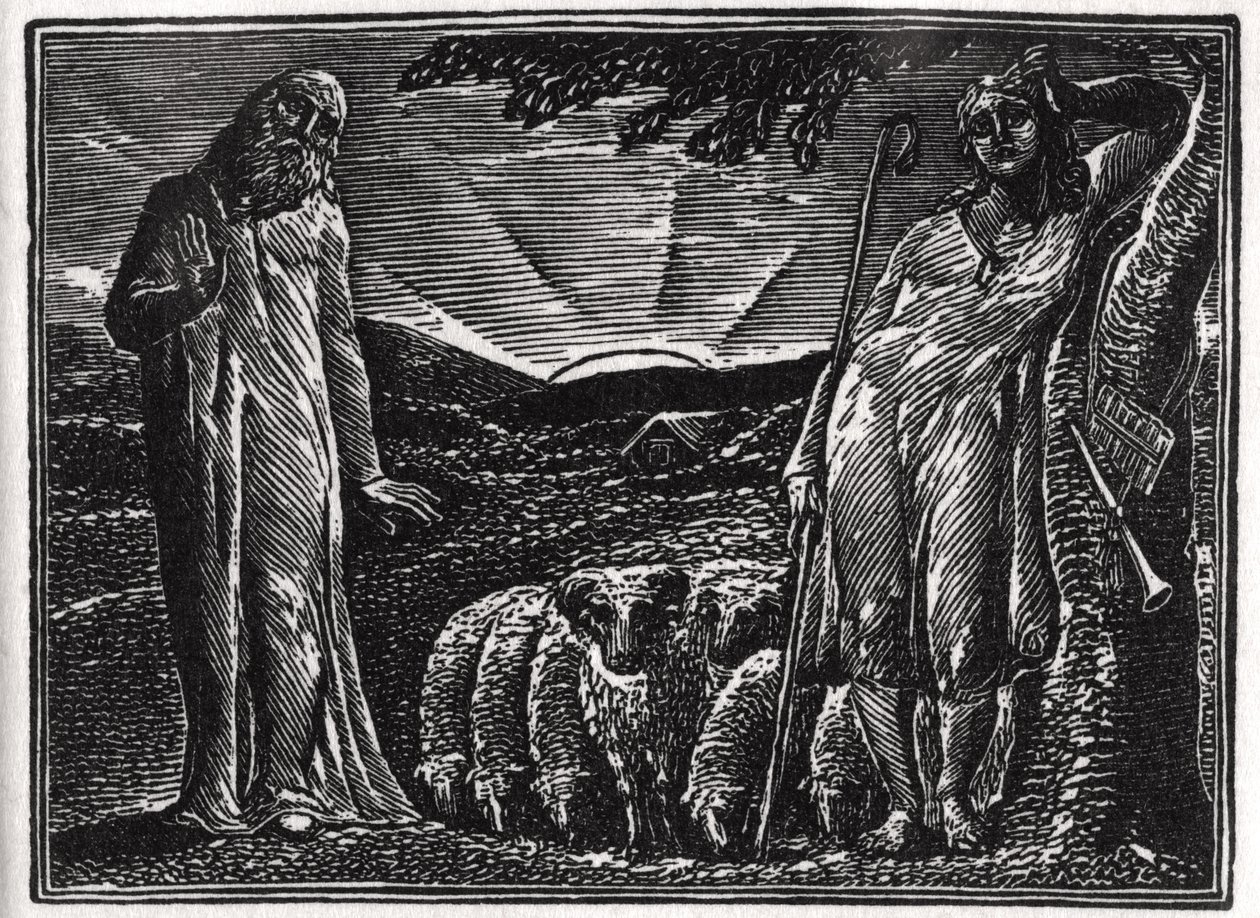 Thenot protesterer med Colinet, illustrasjon fra Dr. Thorntons 'The Pastorals of Virgil' av William Blake