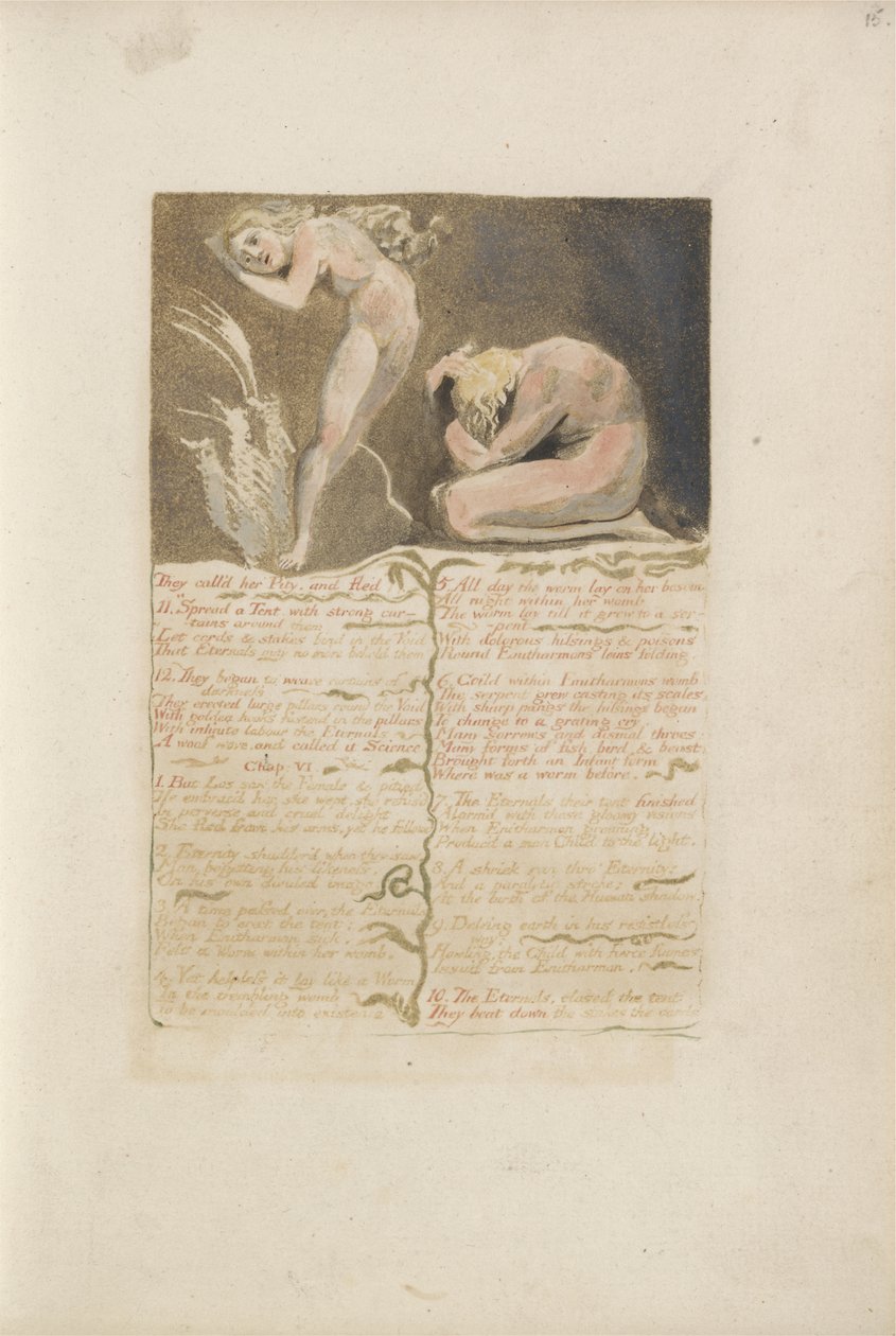 De kalte henne Pity og flyktet..., plate 19 fra The First Book of Urizen, 1794 (fargetrykt relieff etsing med blekk og wc på papir) av William Blake
