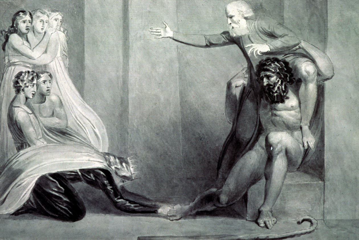 Tiriel, båret tilbake til palasset på skuldrene til sin bror Ijim, og talte til sine fem døtre av William Blake