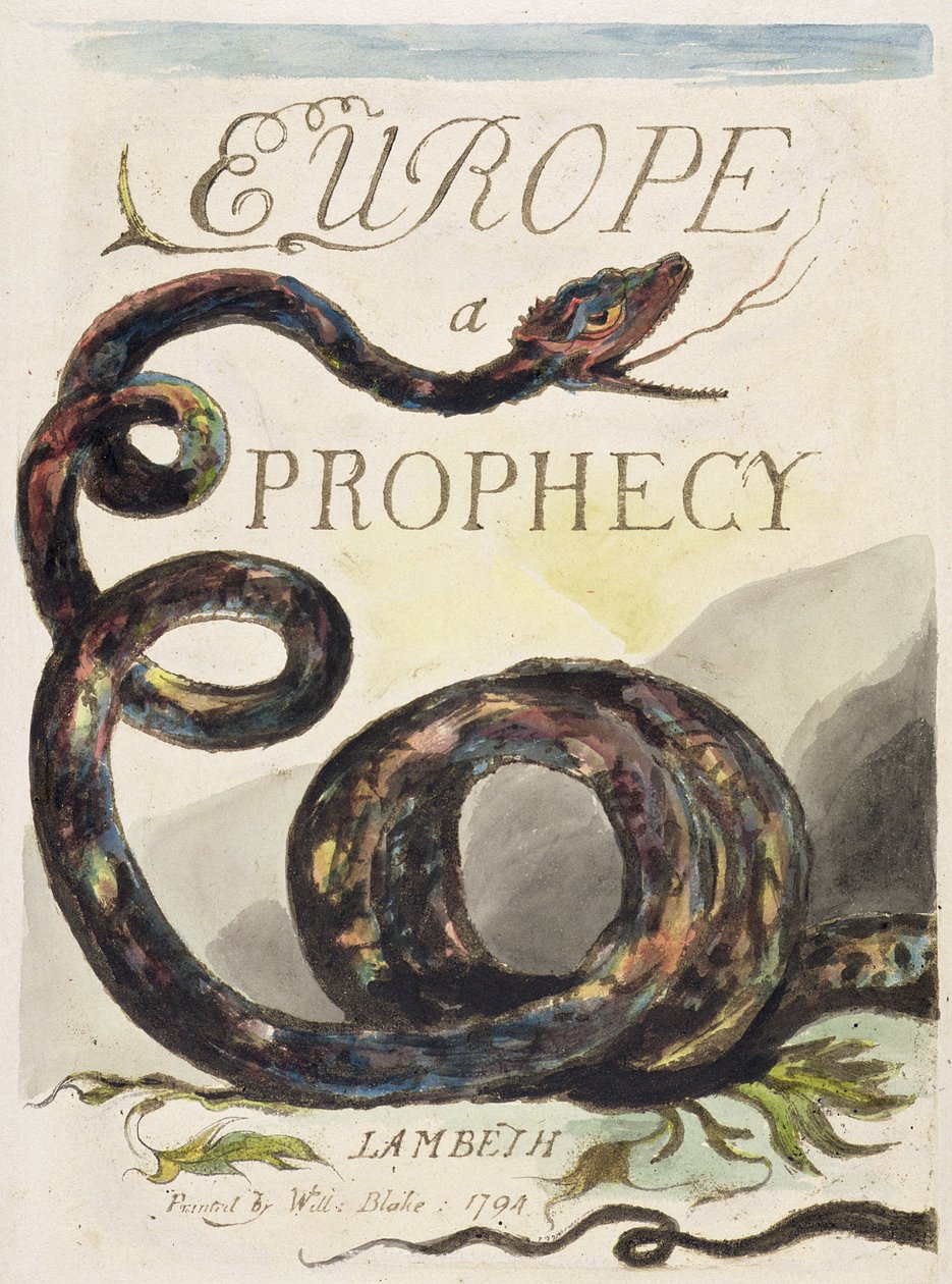 Tittelside fra 'Europa. A Prophecy', 1794 (relieff-etsing trykt i mørkebrunt med wc på papir) av William Blake