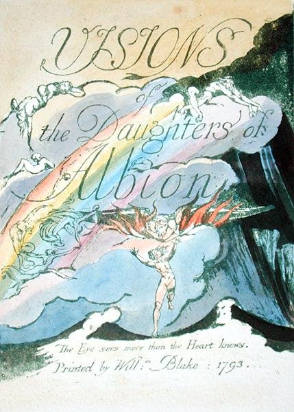Tittelside, recto, plate 2 fra Visions of the Daughters of Albion, 1793 (relieff-etsing trykt i grønt med wc på papir) av William Blake