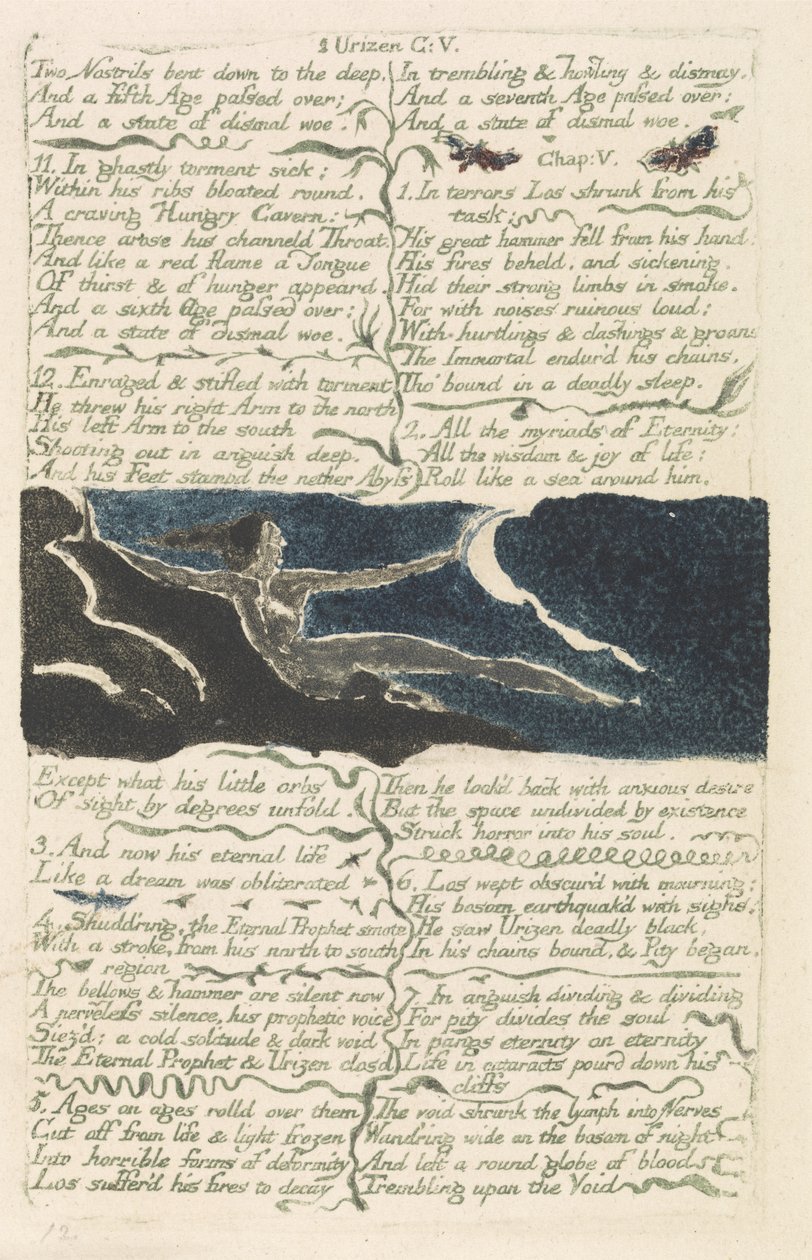 To nesebor bøyd ned til dypet..., plate 11 fra The First Book of Urizen, 1794 (fargetrykt relieff etsing med akvarell) av William Blake