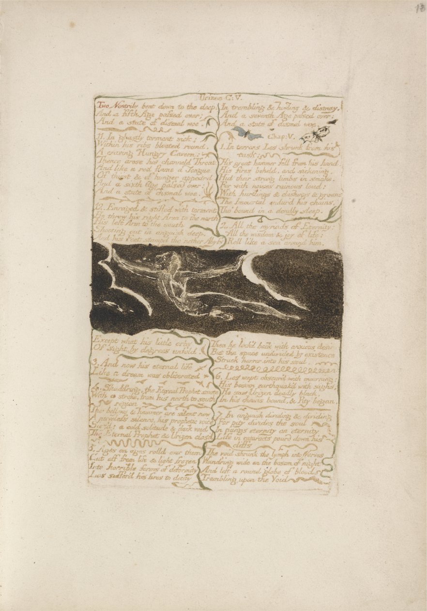 To nesebor bøyd ned til dypet..., plate 16 fra The First Book of Urizen, 1794 (fargetrykt relieff etsing med blekk og wc på papir) av William Blake