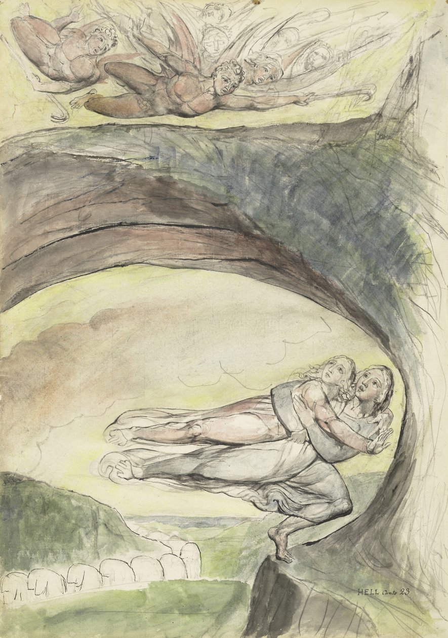 Virgil redder Dante fra de onde demonene, illustrasjon til den guddommelige komedie av Dante Alighieri, 1824-27 (penn og blekk med wc over blyant og kritt på papir) av William Blake