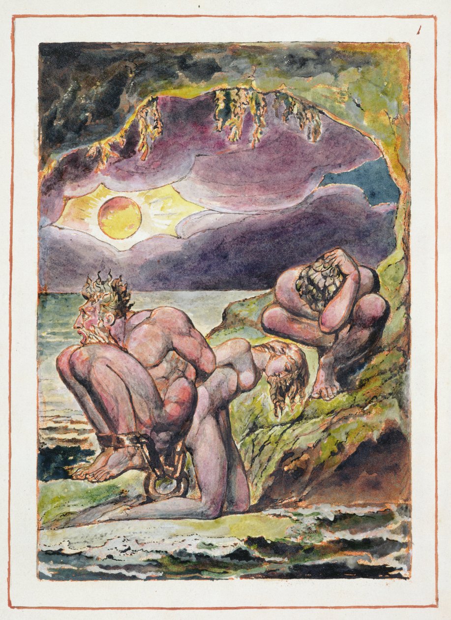Visions of the Daughters of Albion: Frontispice, designet i 1793, fullført ca. 1815 (relieff-etsing med penn og wc på papir) av William Blake