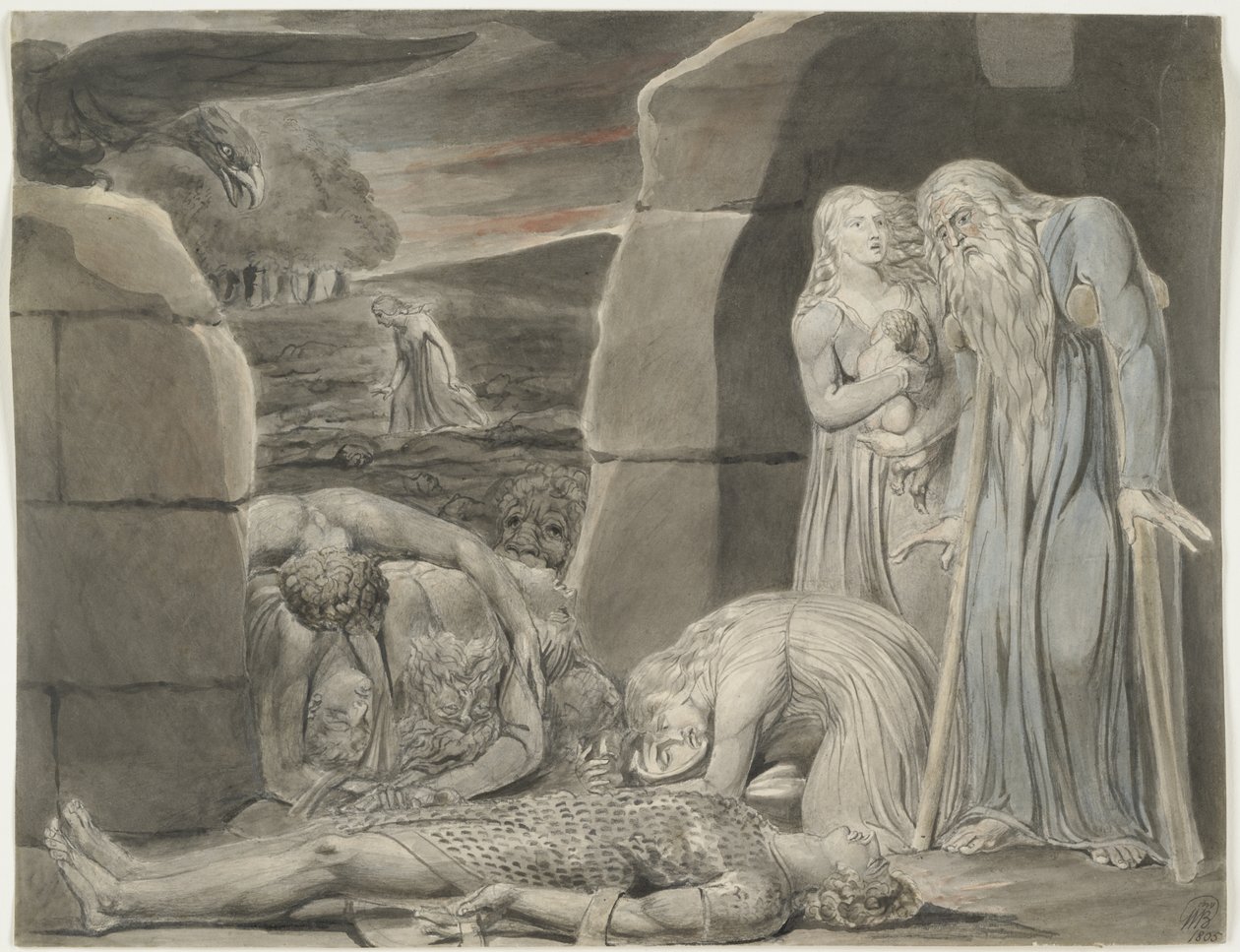 Krig, 1805 (wc, svart og grått blekk og grafitt på off-white vevd papir) av William Blake