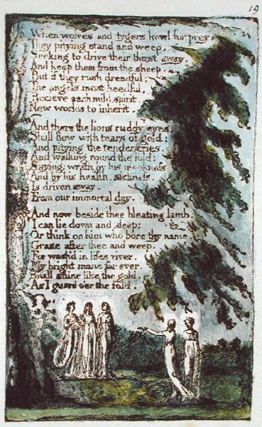 When Wolves and Tygers... illustrasjon fra Songs of Innocence and of Experience (Bentley Copy L) pl.19 (Bentley 21) 1789-94 (relieff etsing med penn og wc på papir) av William Blake