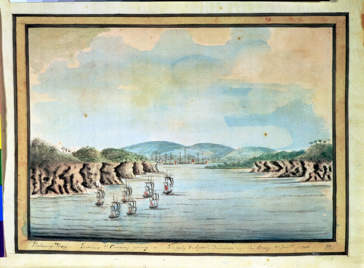 'Sirius' og konvoi, forsynings- og agentavdelingen på vei inn i Botany Bay, 1788 av William Bradley