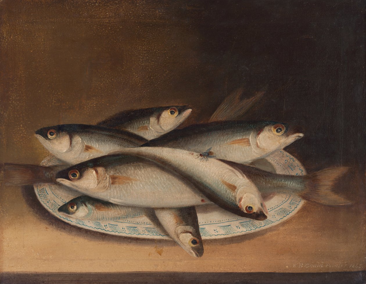 Fisk på en blå og hvit tallerken av William Buelow Gould