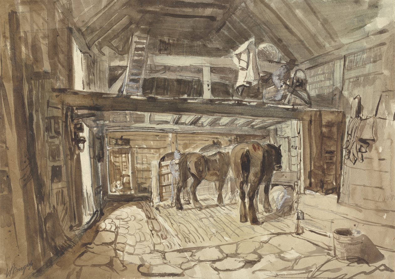 Interiør i en stall, med fôring av to hester (grafitt, penn og blekk med vask på papir) av Henry William Burgess