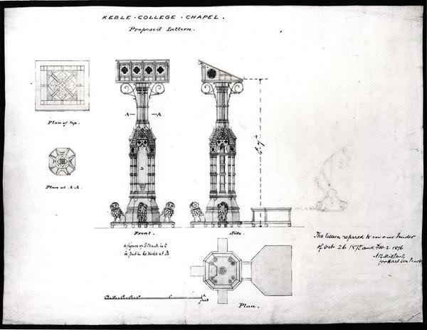 Design for a Lectern, Keble College Chapel, Oxford, 1875-76 (svart blekk, blyant og akvarell) av William Butterfield