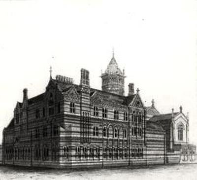 New Schools, Rugby - Utsikt fra Nordvest, 1867-84 (akvarell og blyant på papir) av William Butterfield