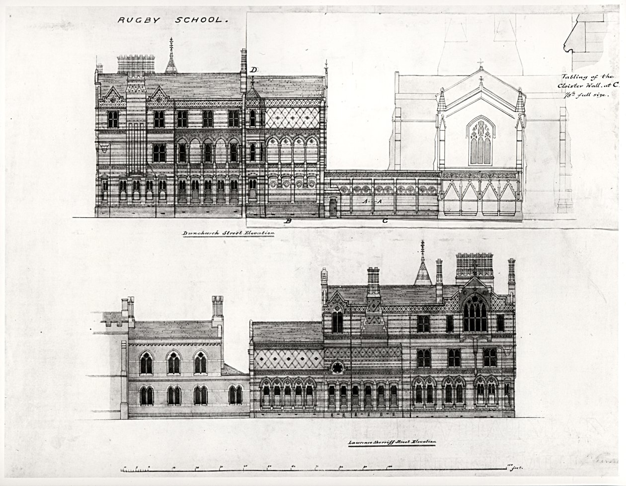 West and North Elevations, New School, Rugby School, 1867 (svart blekk, blyant og wc) av William Butterfield