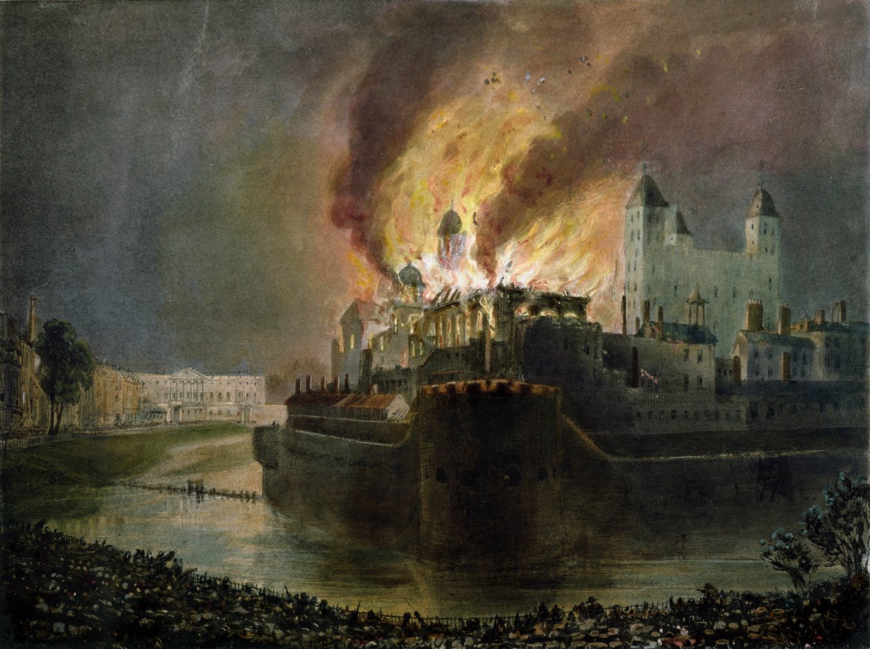 Ødeleggelse av Small Armory i Tower of London 30. oktober 1841 (trykk av Ackermann) av William C. Smith
