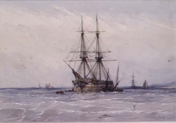 Brig ved anker og båter ved siden av av William Callow