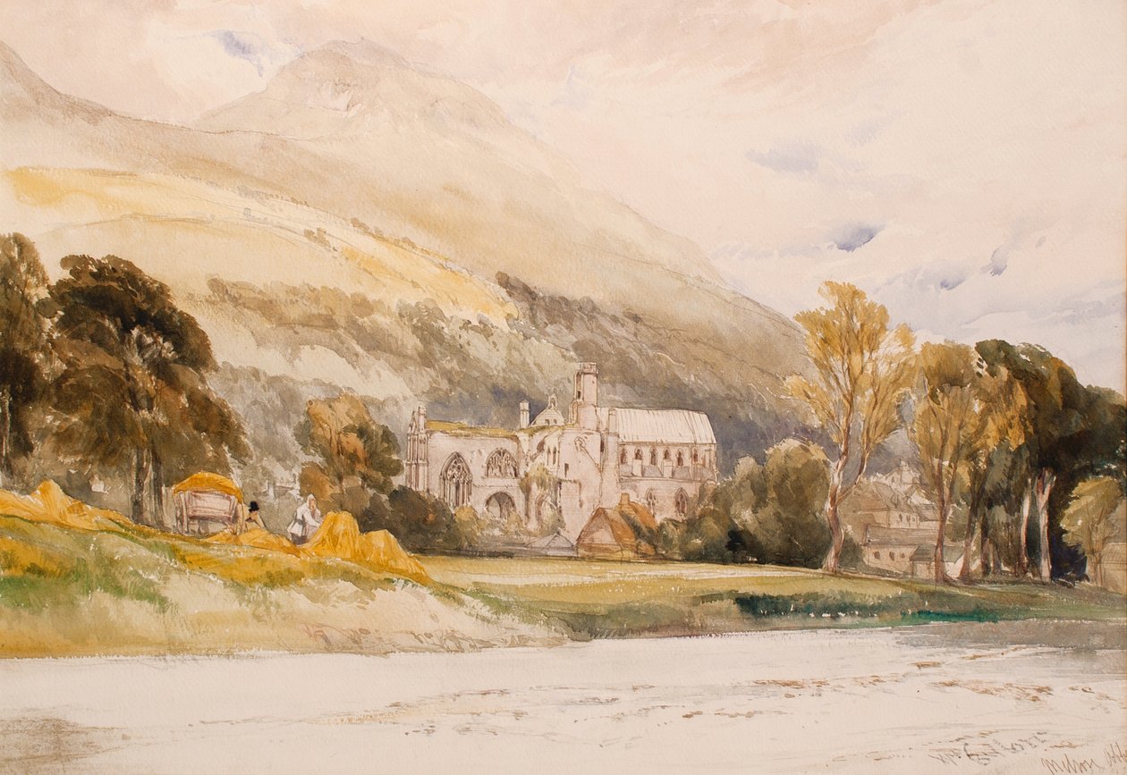 Skottland: Melrose Abbey, 1842 (blyant og wc på papir) av William Callow