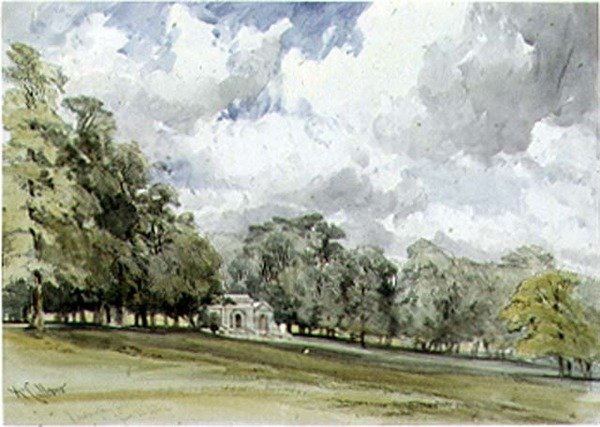 Utsikt i Kensington Gardens som viser Temple Cottage av William Callow