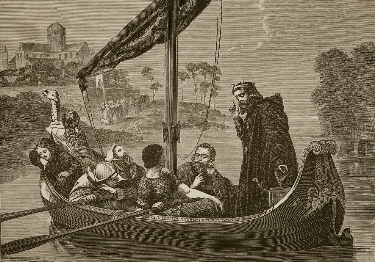 Knud på elven Nene lytter til koret til Ely Minster, gravert av F. Wentworth av William Cave Thomas