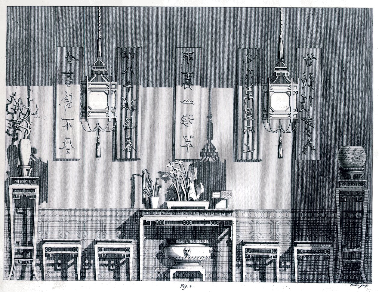 Interiør, Chambers, Sir William (1723-96) fra Designs of Chinese Buildings, 1759, Black and White Engraving av William Chambers