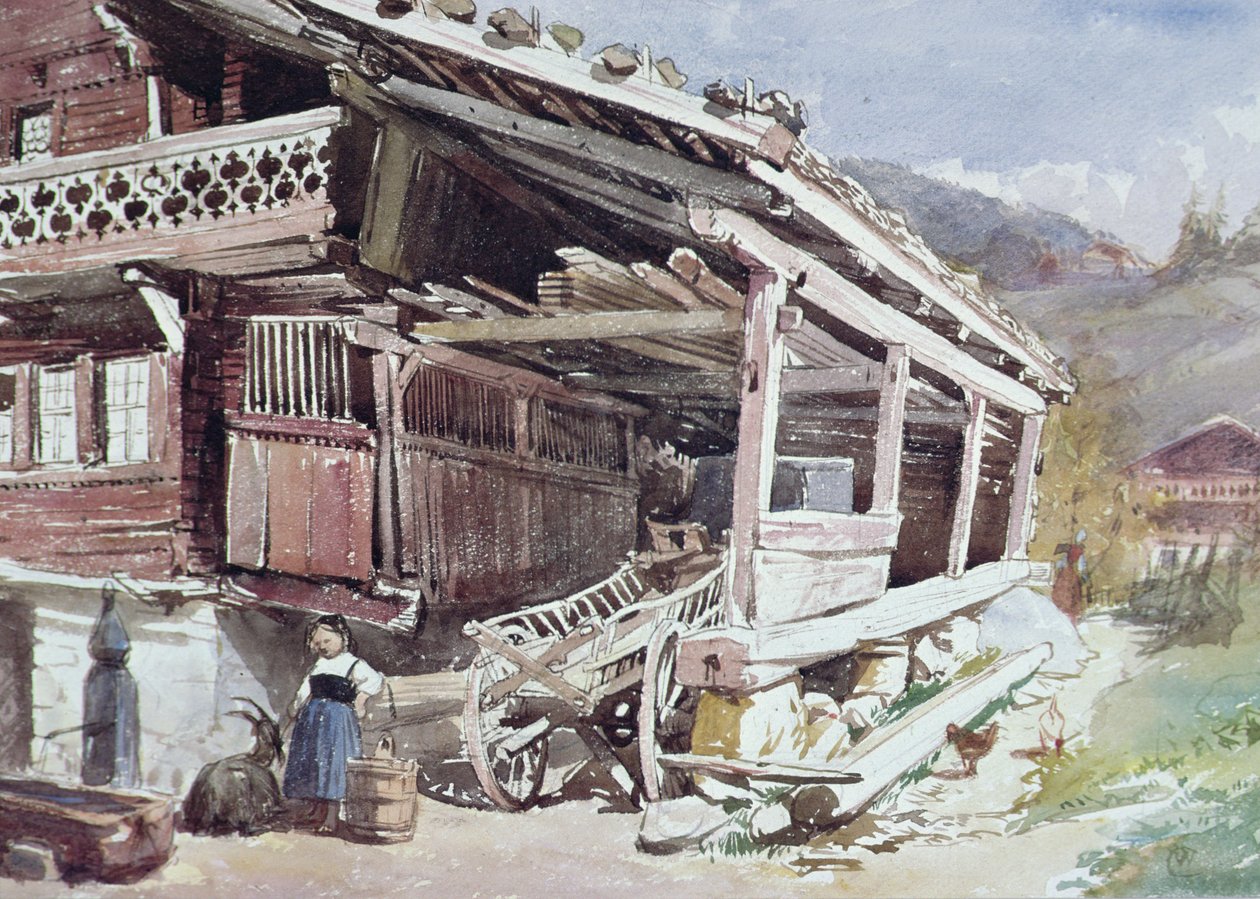 Chalet og gård i Berner Oberland av William Collingwood
