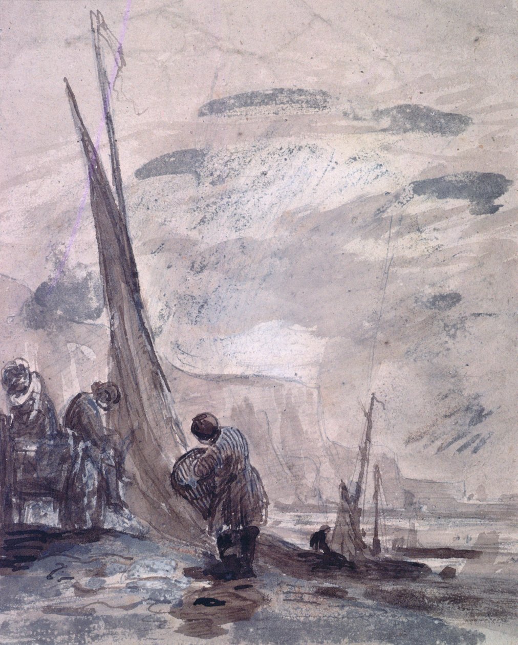 Figurer med vogn og båter på kysten, nær klipper, 1800-tallet av William Collins