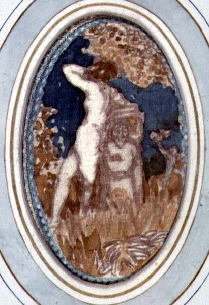 Naken kvinneskikkelse lener seg mot en statue i en hage av William Collins