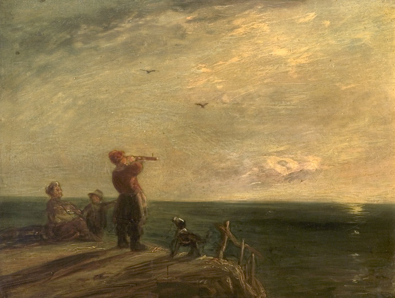 Havlandskap med figurer og hund, solnedgang av William Collins