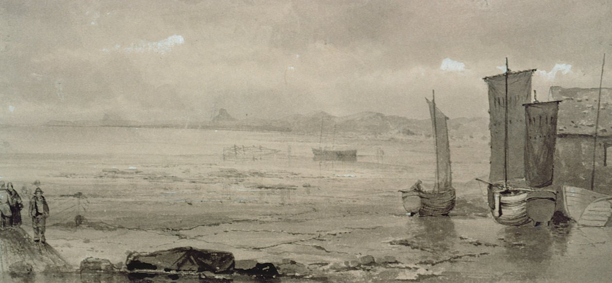 Seashore Study: Low Tide, with Fishing Boats and Fisherfolk, 1800-tallet (akvarell) av William Collins