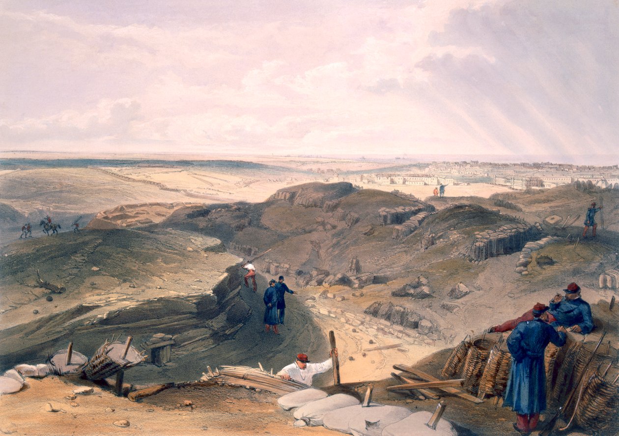 Ditch of the Malakoff, tallerken fra "The Seat of War in the East", pub. av Paul und Dominic Colnaghi und Co., 1856 av William Crimea Simpson