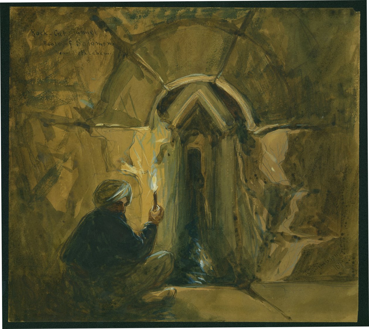 Berghugget tunnel, Salomons bassenger, nær Betlehem, 1872 (wc og blyant på papir) av William Crimea Simpson