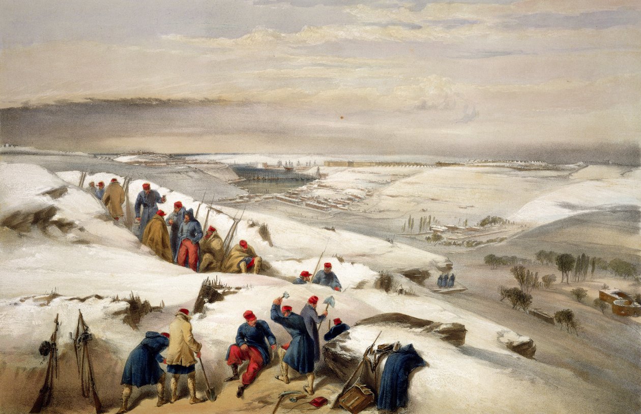 Sebastopol fra Extreme Right of the Trench Attack, plate fra 'The Seat of War in the East', utgitt av Colnaghi og Co., 1856 av William Crimea Simpson