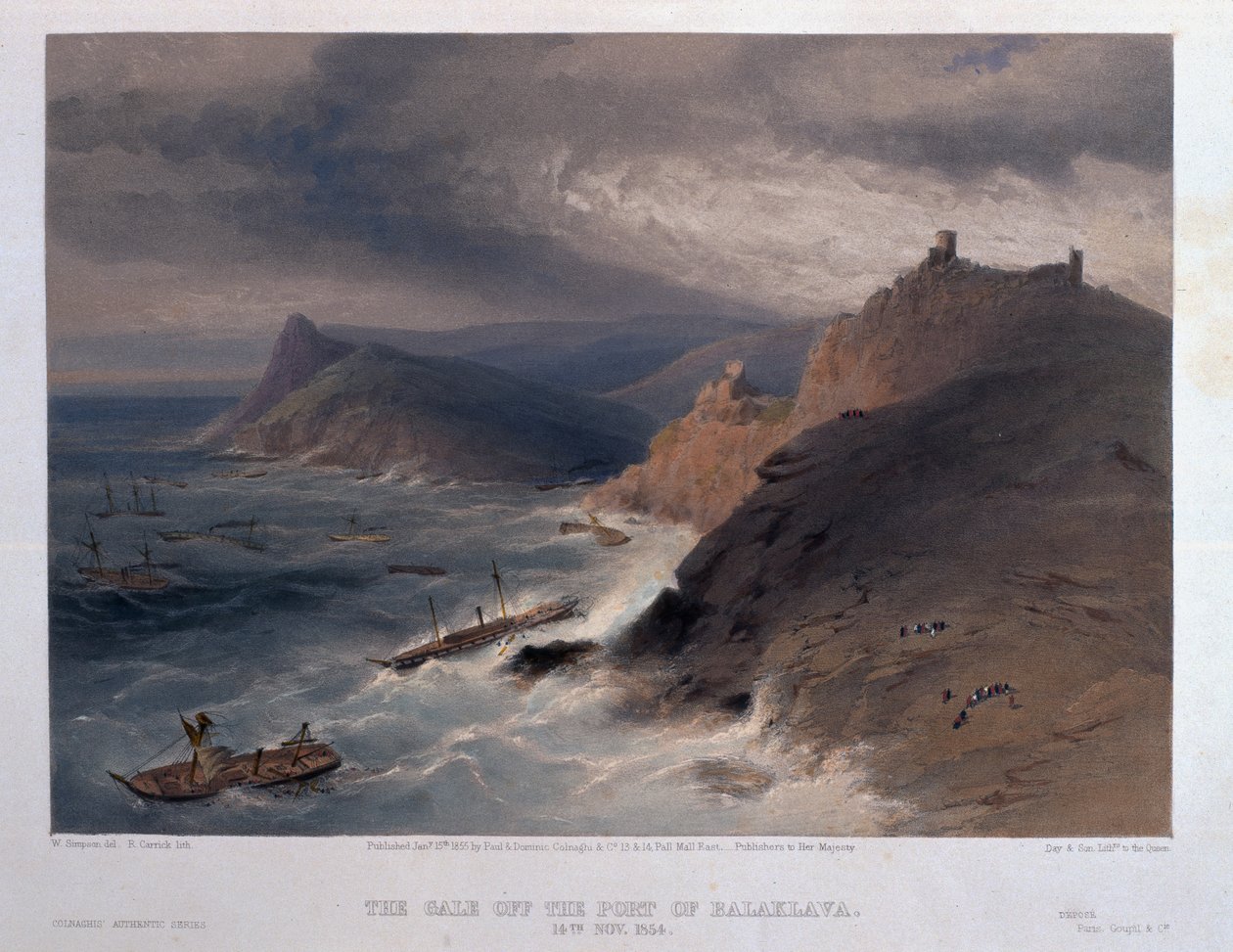 The Gale off the Port of Balaklava, 14. november 1854, gravert av R. Carrick, fra 'The Seat of War in the East - First Series', utgitt av Colnaghi und Co., 1855 av William Crimea Simpson