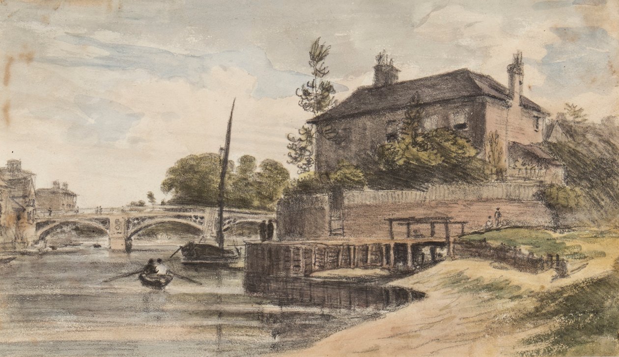 Berkshire: Windsor Bridge fra engen går til Clewer, Mr Collins" House, Young Cramer og Blagsom i båten, 18. juli 1832 av William Crotch