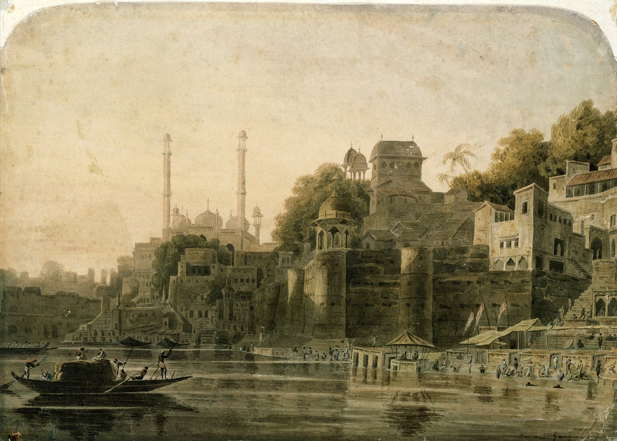 Badescene ved Ghat på Ganges av William Daniell