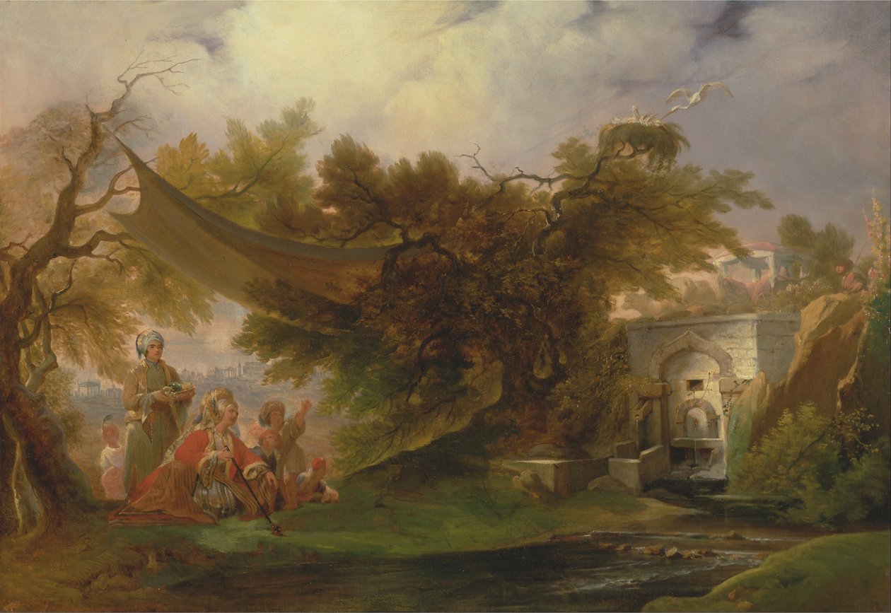 Indisk landskap med figurer nær en bekk av William Daniell