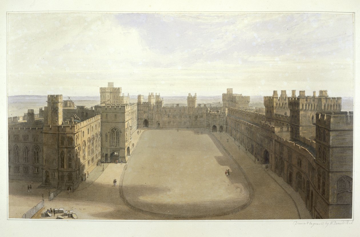 Ser på firkanten ved Windsor, fra en samling av utsikt over Windsor, Eton og Virginia Water, ca. 1825-30 av William Daniell