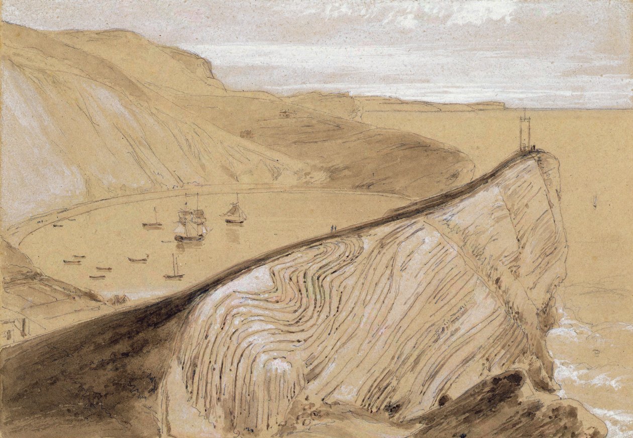 Lulworth Cove (wc, gouache og grafitt på beige vevd papir) av William Daniell