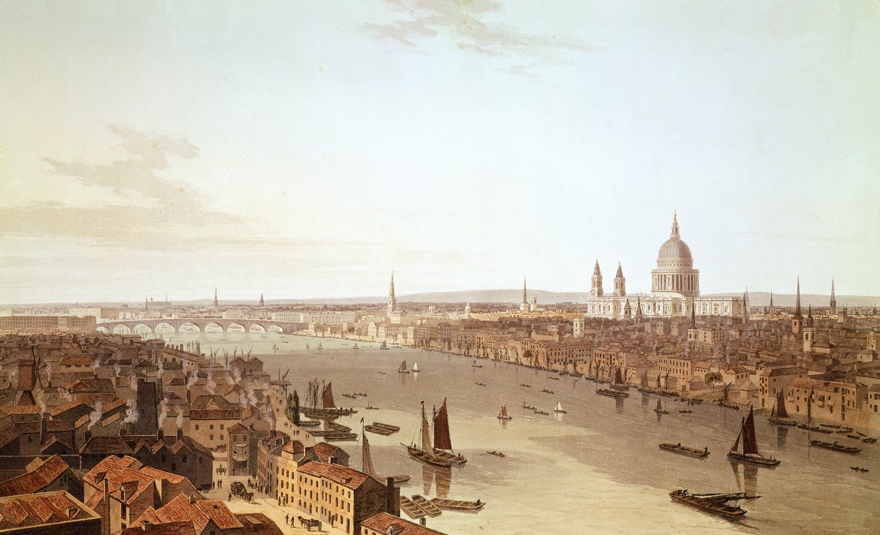 St. Paul's Cathedral and the City, tidlig på 1800-tallet (akvatint) av William Daniell