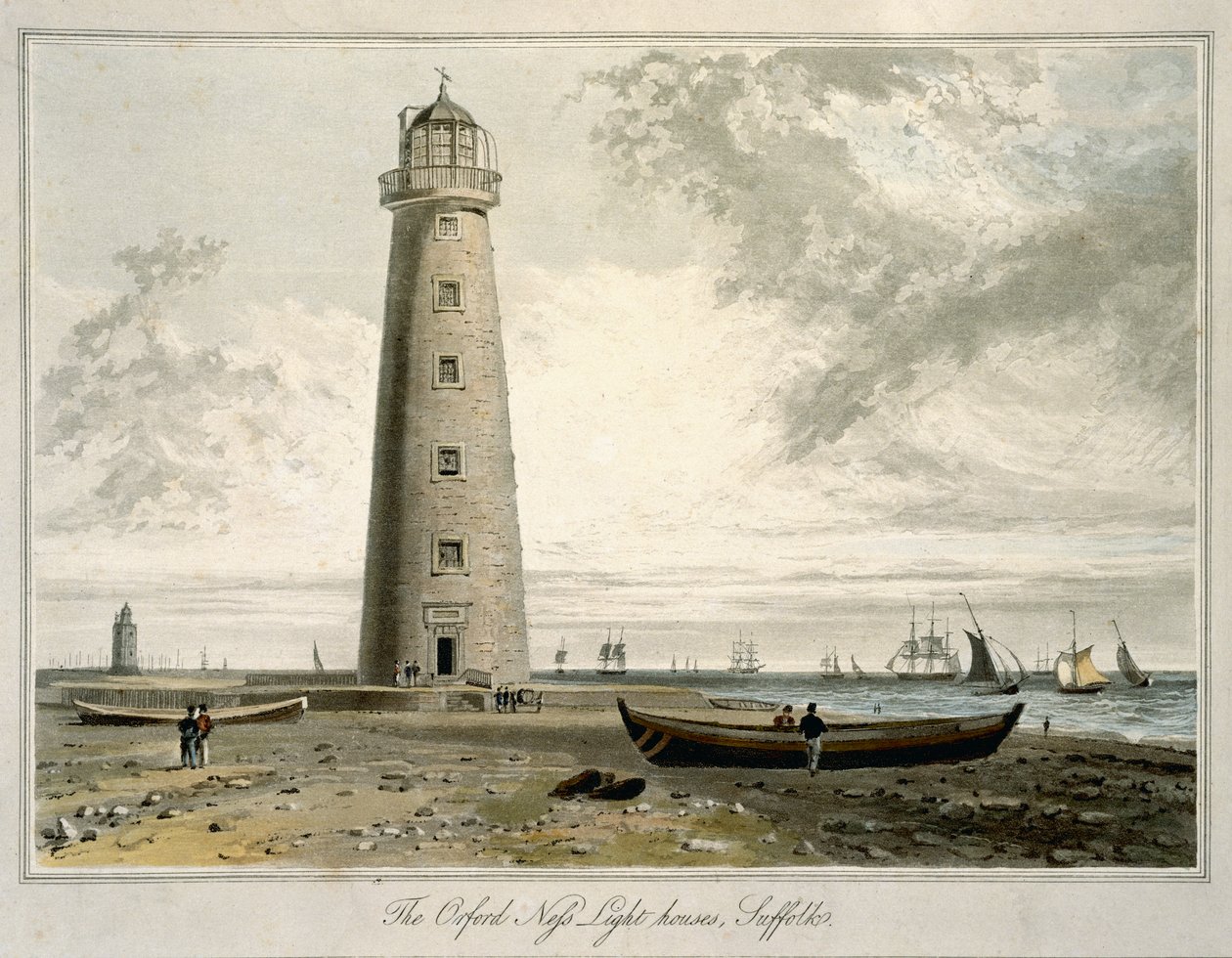 The Orford Nefs Lighthouses, Suffolk, fra bind VI av 'A Voyage Around Great Britain Undertaken between the Years 1814 and 1825', publisert 1822 (akvatint) av William Daniell
