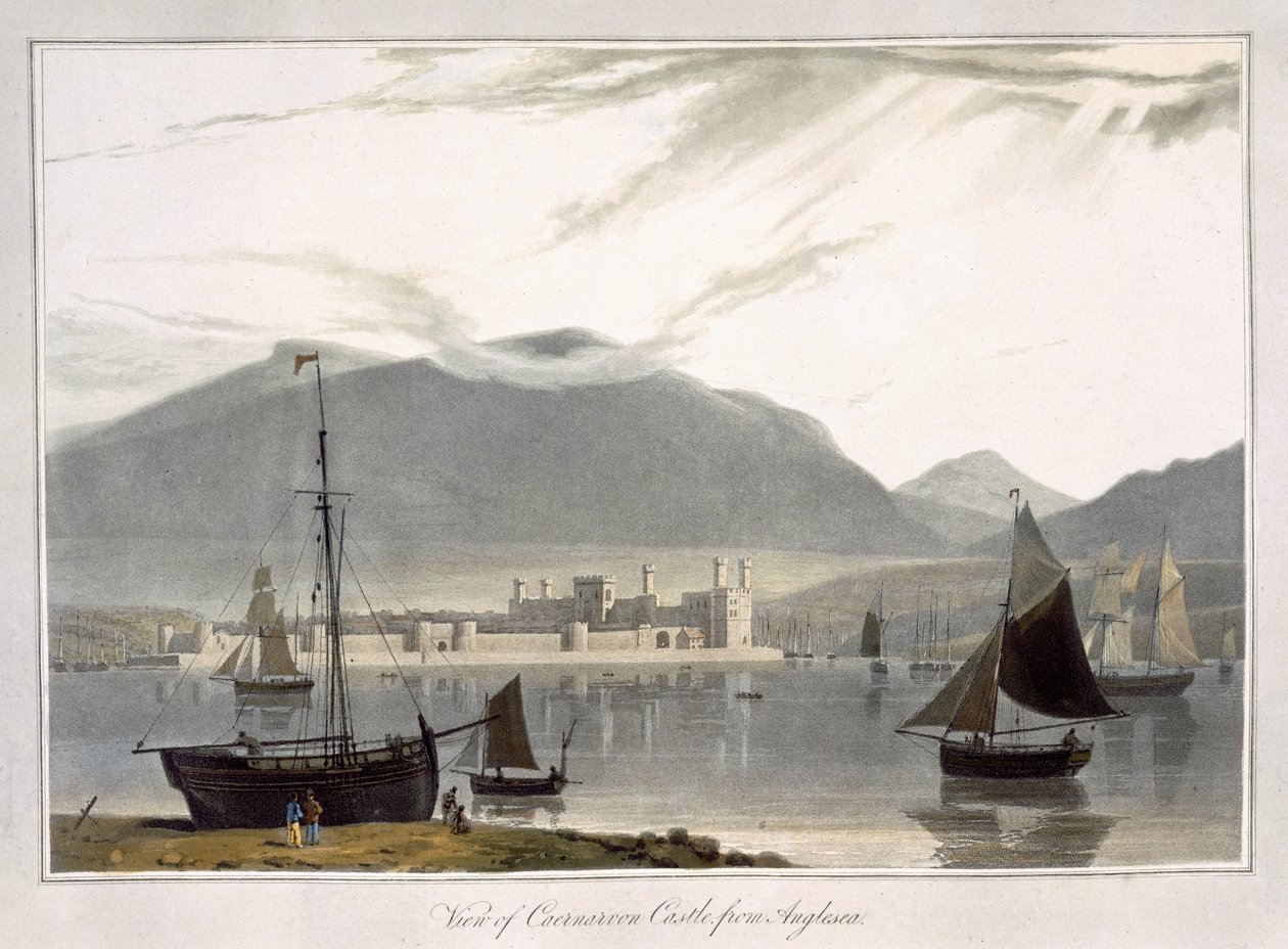 Utsikt over Caernarfon Castle fra Anglesea, fra "En reise rundt Storbritannia foretatt mellom årene 1814 og 1825", utgitt 1814 av William Daniell
