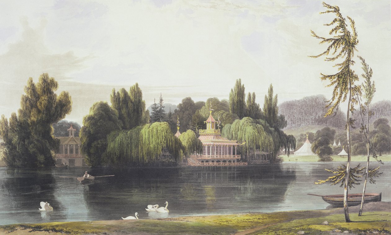 Utsikt over Virginia Water med hagetempel, fra 'Views of Windsor, Eton and Virginia Water', ca. 1828 av William Daniell