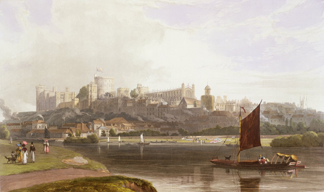 Windsor Castle fra River Meadow på Themsen, fra en samling av utsikt over Windsor, Eton og Virginia Water, ca. 1827-30 av William Daniell