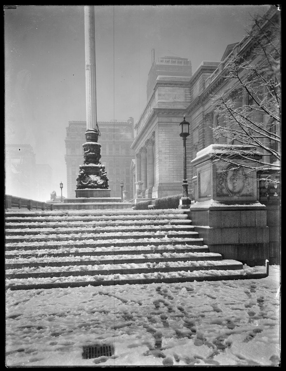 Nattutsikt over inngangen til hovedgrenen til New York Public Library fra de nordøstlige trappene, i snøen, 42nd Street og Fifth Avenue, New York City, 6. mars 1915 av William Davis Hassler