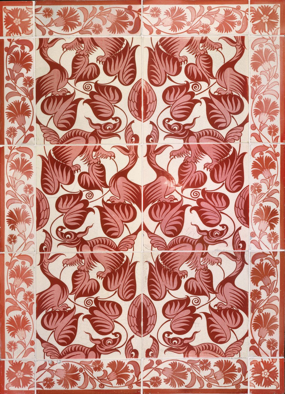 C.4-1941 Flispanel med gjentatt mønster av fugler, drager og løvverk, ca. 1882-88 (keramikk med glansglasur) av William de Morgan